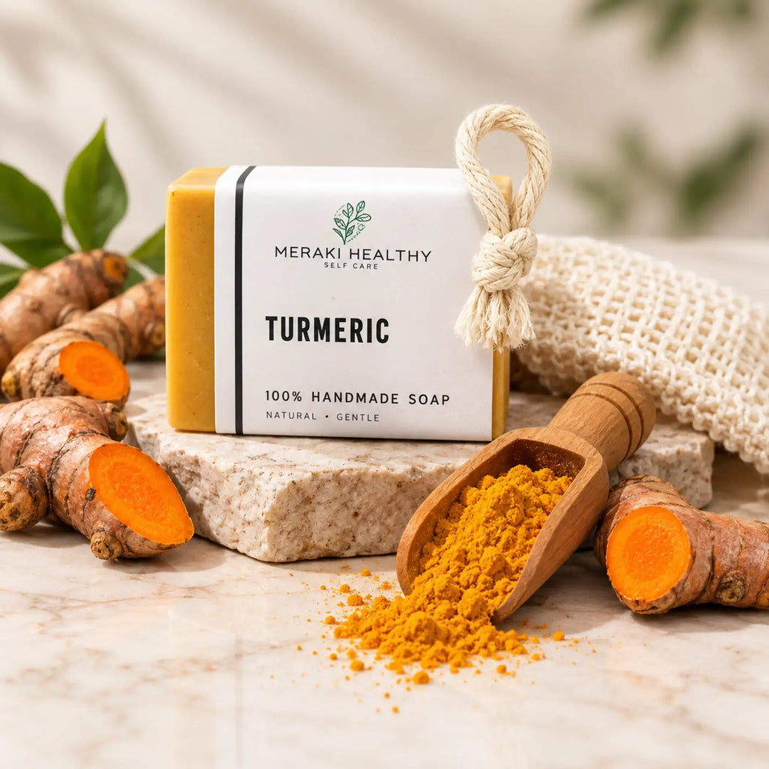 Meraki Healthy Turmeric Soap for glowing skin — a handmade natural soap bar infused with turmeric, coconut oil, and vitamin E. Helps brighten skin tone, reduce blemishes, and leave your skin fresh, smooth, and radiant after every wash

Paquete de 2 barras de jabón facial de cúrcuma y arcilla de caolín de Meraki Healthy Selfcare

Textura artesanal del jabón facial de cúrcuma y arcilla de caolín