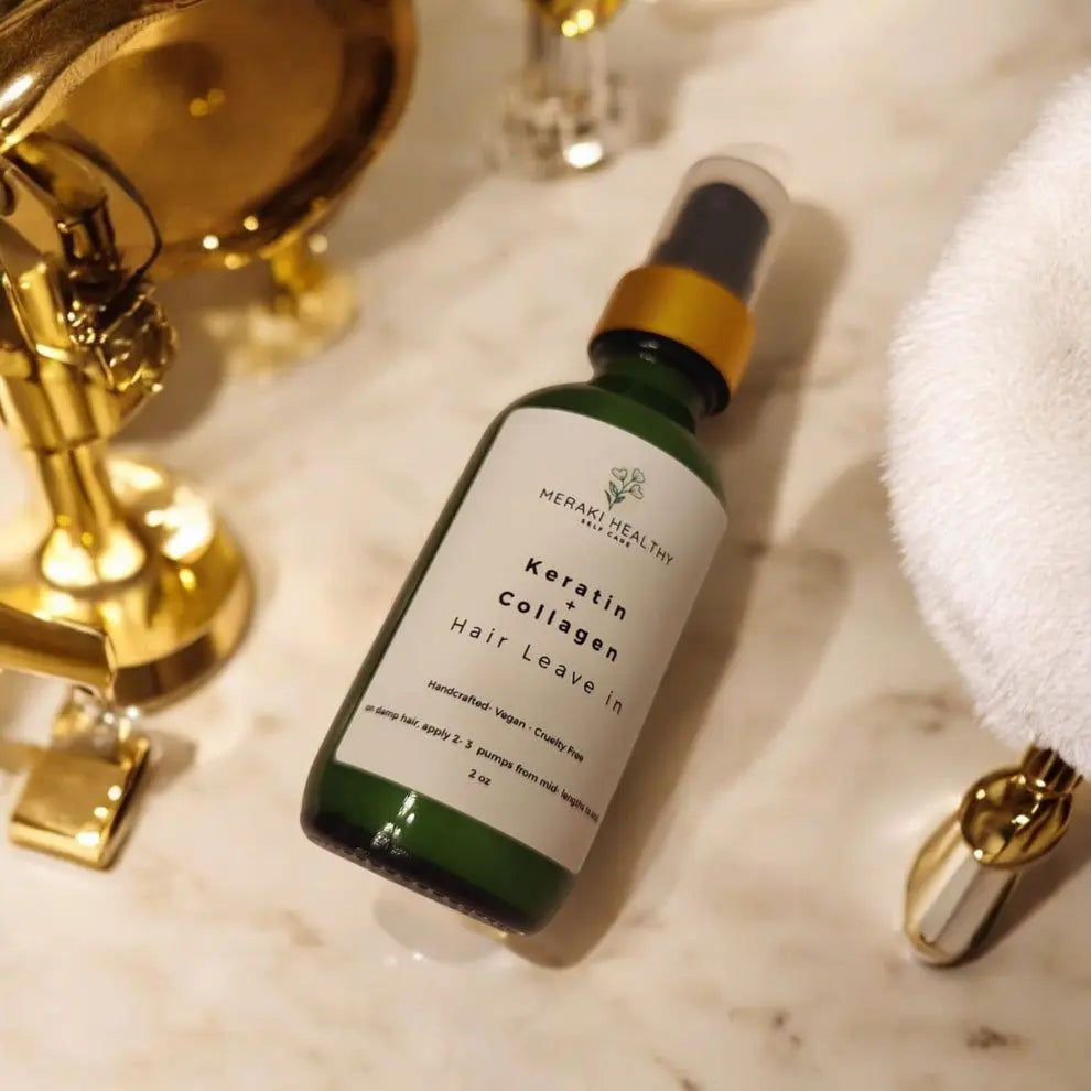 Meraki Healthy Collagen Essentials Bundle for glowing skin and healthy hair. Includes Collagen Face Soap, Collagen Body Lotion, and Keratin & Collagen Leave-In Hair Cream. Hydrates, firms, and smooths while reducing signs of aging and frizz. Vegan, cruelty-free, and handmade with natural ingredients. Perfect self-care or gift set for radiant, youthful skin and strong, silky hair.”
