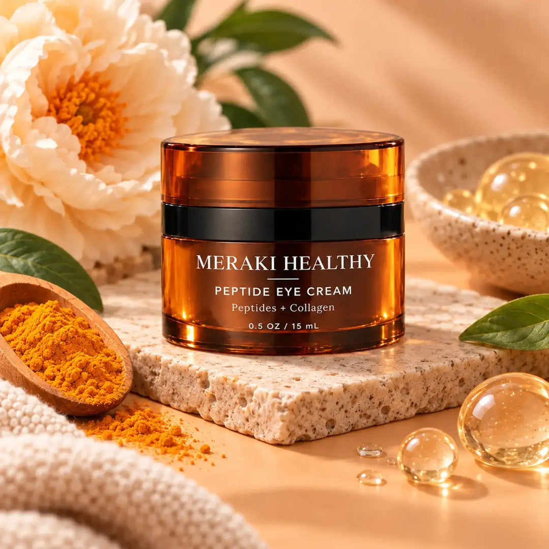 Crema para contorno de ojos Meraki Healthy con péptidos y colágeno, infografía de seis beneficios para hidratación, firmeza, líneas finas y bolsas.

Meraki Healthy Peptide Eye Cream with Collagen infographic showing six eye care benefits, including hydration, firmness, fine lines and puffiness.