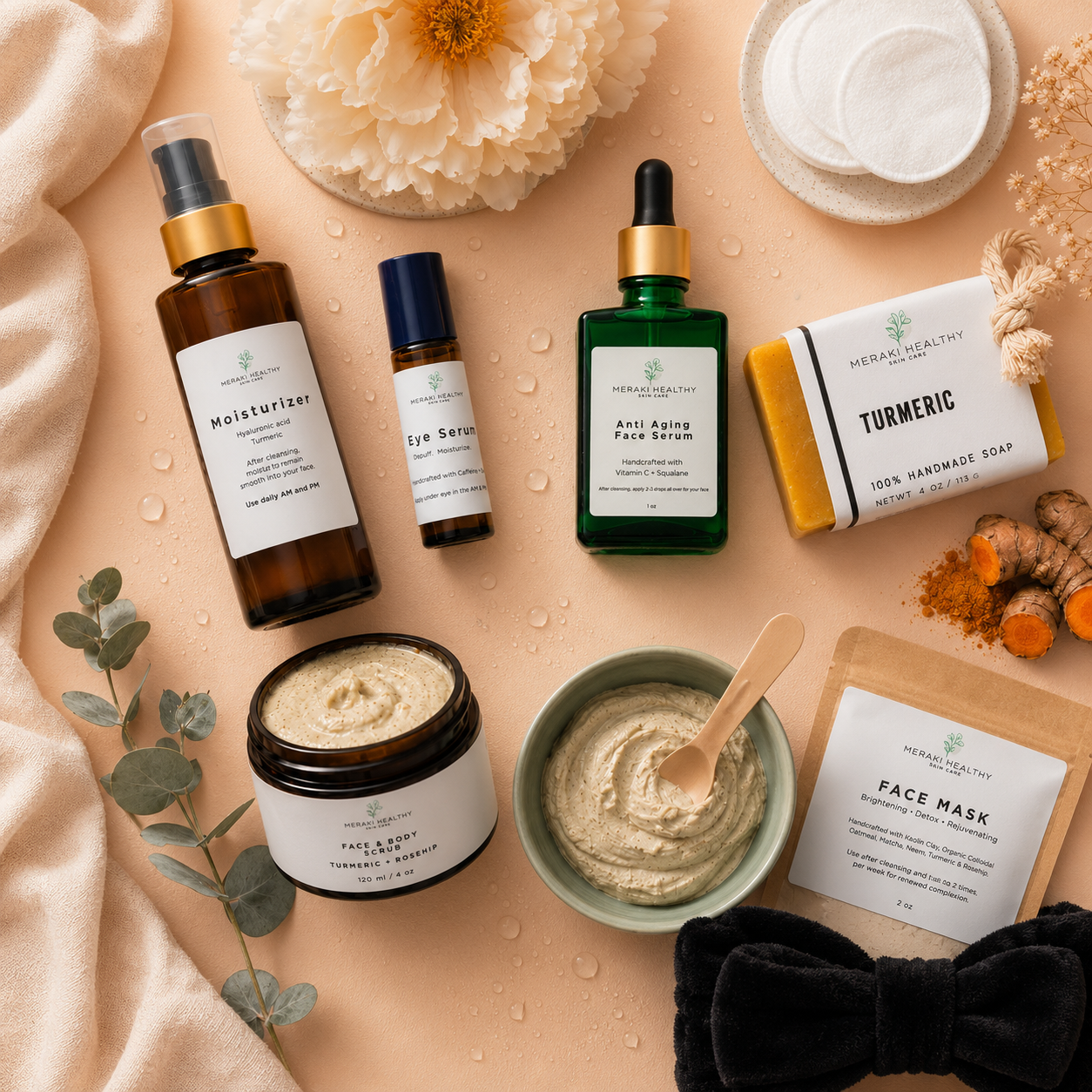Luxury Skincare Box Gift Set by Meraki Healthy featuring Hyaluronic Acid and Turmeric Moisturizer, designed to hydrate, brighten, and rejuvenate skin naturally. This premium self-care gift box includes a full skincare routine with moisturizer, serum, scrub, soap, mask, and accessories for glowing, youthful skin. The Hyaluronic Acid deeply hydrates and plumps the skin while Turmeric helps fade dark spots and even tone. Perfect for all skin types, this natural and vegan skincare collection promotes a healthy
