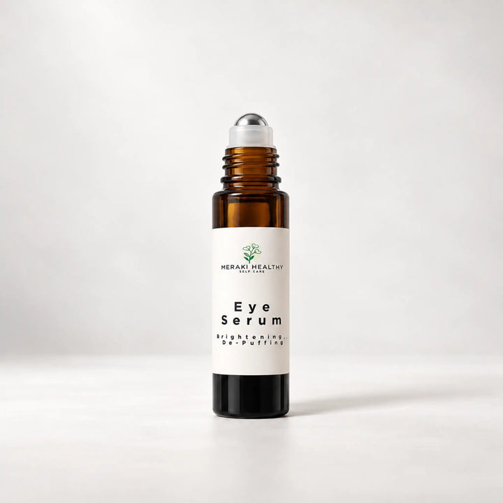 “Close-up of Meraki Healthy Anti-Aging Eye Serum texture — a silky botanical blend that nourishes delicate skin, minimizes puffiness, and brightens dark circles for healthy, radiant eyes.”