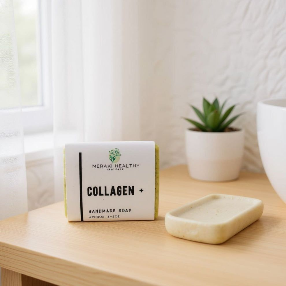 “Meraki Healthy Collagen Face Soap Bar — natural handmade collagen soap that deeply cleanses and firms the skin, helping restore elasticity and glow. Infused with pure collagen and botanicals to brighten, smooth, and nourish all skin types for a healthy, radiant complexion.”