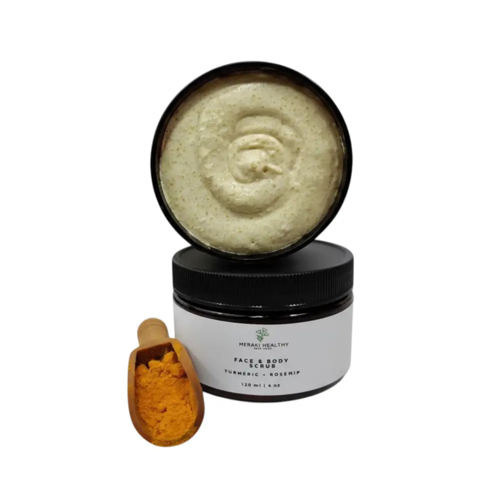 Meraki Healthy Turmeric Sugar Scrub — a natural exfoliating face and body scrub made with turmeric, sugar, and essential oils. Gently removes dead skin, brightens dull areas, fades dark spots, and leaves skin soft, smooth, and glowing after every use