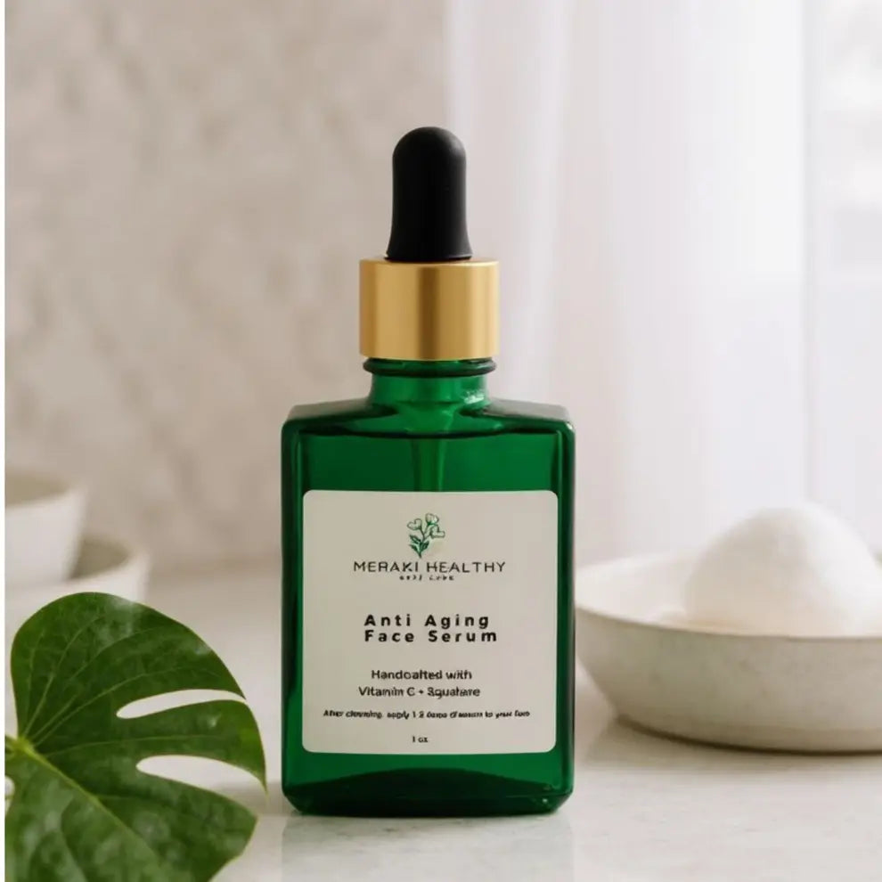 Luxury Anti-Aging Face Serum by Meraki Healthy, infused with natural ingredients like rosehip oil, squalane, green tea, and vitamin C. Designed to reduce fine lines, brighten dark spots, and deeply hydrate for radiant, youthful skin. Lightweight, non-greasy formula ideal for all skin types. Vegan, cruelty-free, and handmade with plant-based botanical extracts
