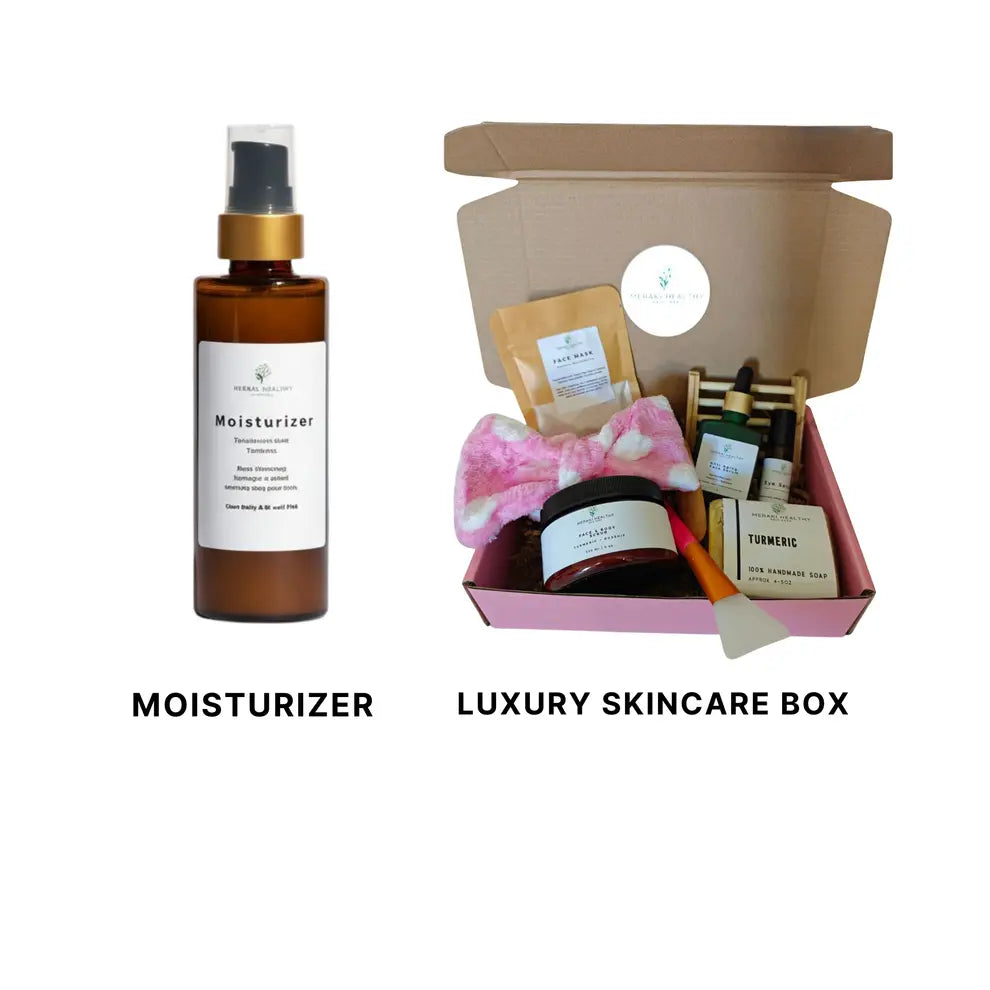Luxury Skincare Box Gift Set by Meraki Healthy featuring Hyaluronic Acid and Turmeric Moisturizer, designed to hydrate, brighten, and rejuvenate skin naturally. This premium self-care gift box includes a full skincare routine with moisturizer, serum, scrub, soap, mask, and accessories for glowing, youthful skin. The Hyaluronic Acid deeply hydrates and plumps the skin while Turmeric helps fade dark spots and even tone. Perfect for all skin types, this natural and vegan skincare collection promotes a healthy,