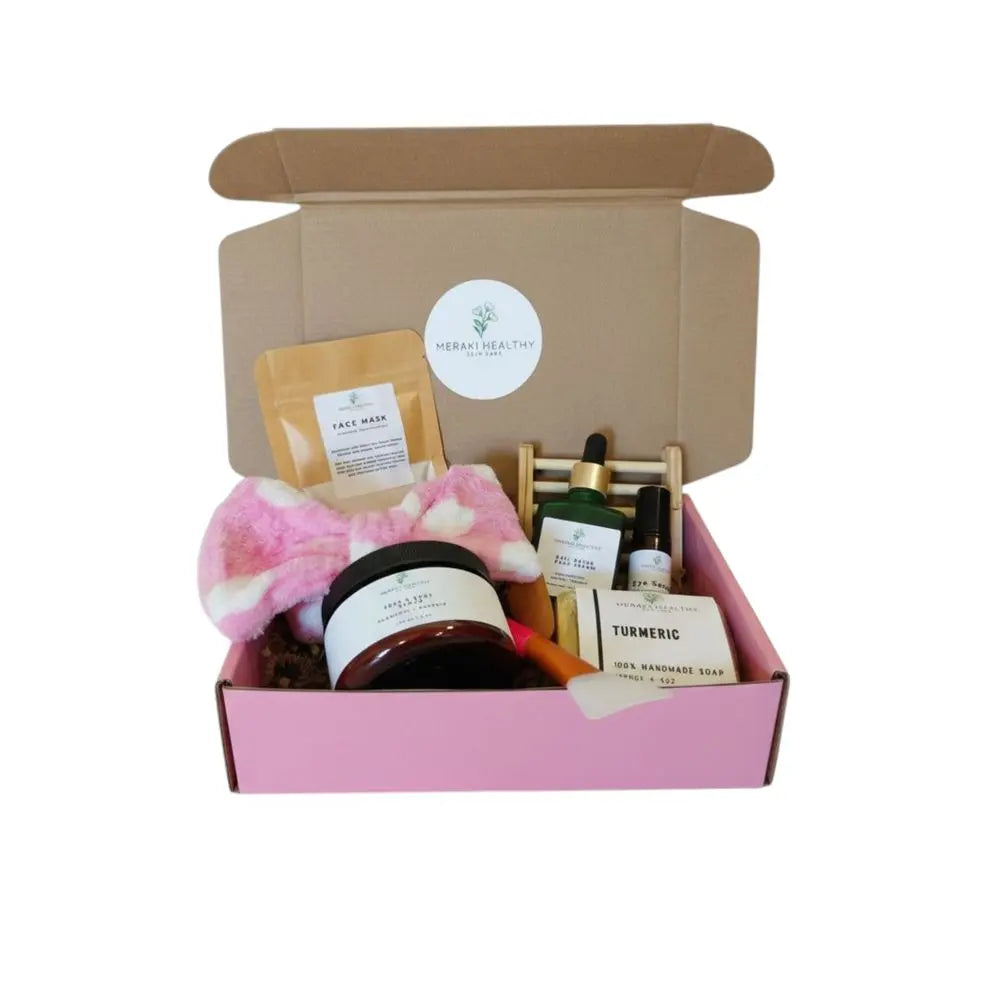 Meraki Healthy Luxury Skincare Gift Box Set — premium natural skincare essentials including collagen soap, moisturizer, and serum beautifully packaged for glowing, hydrated, youthful skin