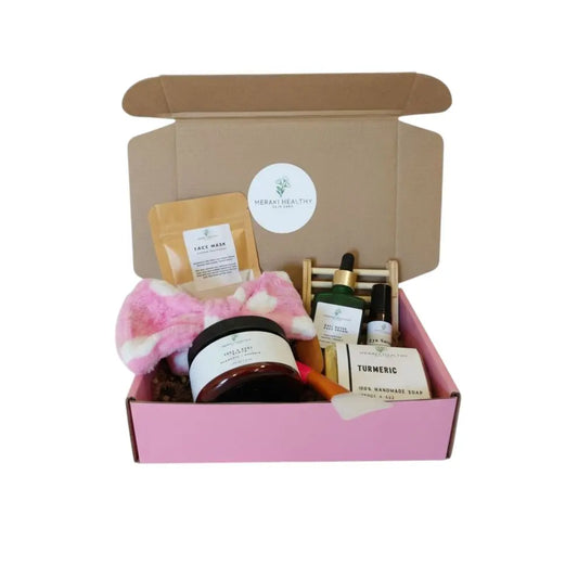 Meraki Healthy Luxury Skincare Gift Box Set — premium natural skincare essentials including collagen soap, moisturizer, and serum beautifully packaged for glowing, hydrated, youthful skin