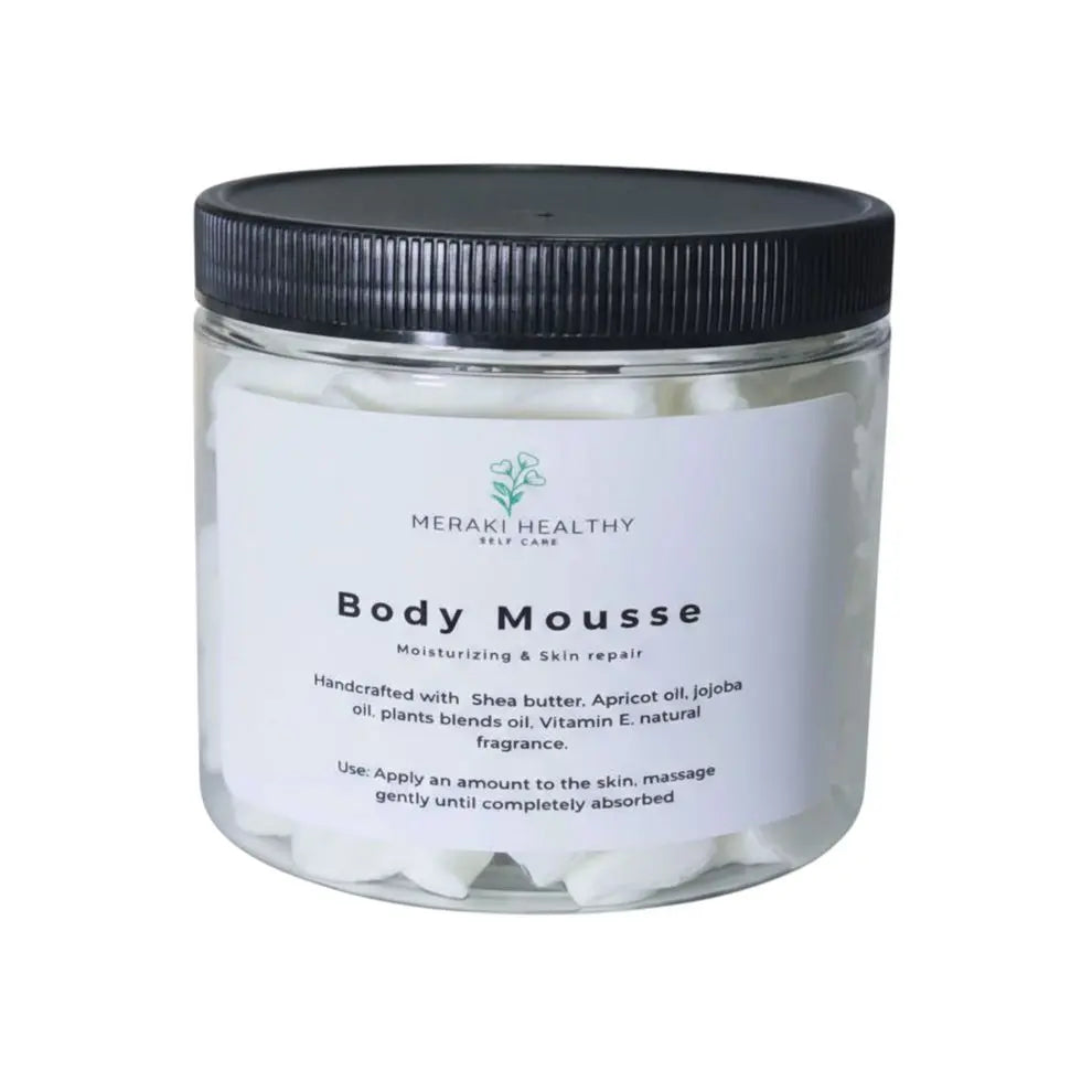 Meraki Healthy Natural Body Mousse Moisturizer providing deep hydration and softness for all skin types. Lightweight, vegan, and cruelty-free formula for smooth, radiant skin.
