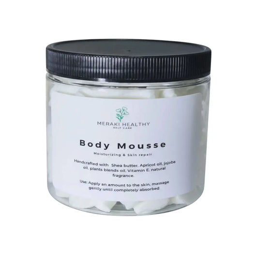 Meraki Healthy Natural Body Mousse Moisturizer providing deep hydration and softness for all skin types. Lightweight, vegan, and cruelty-free formula for smooth, radiant skin.
