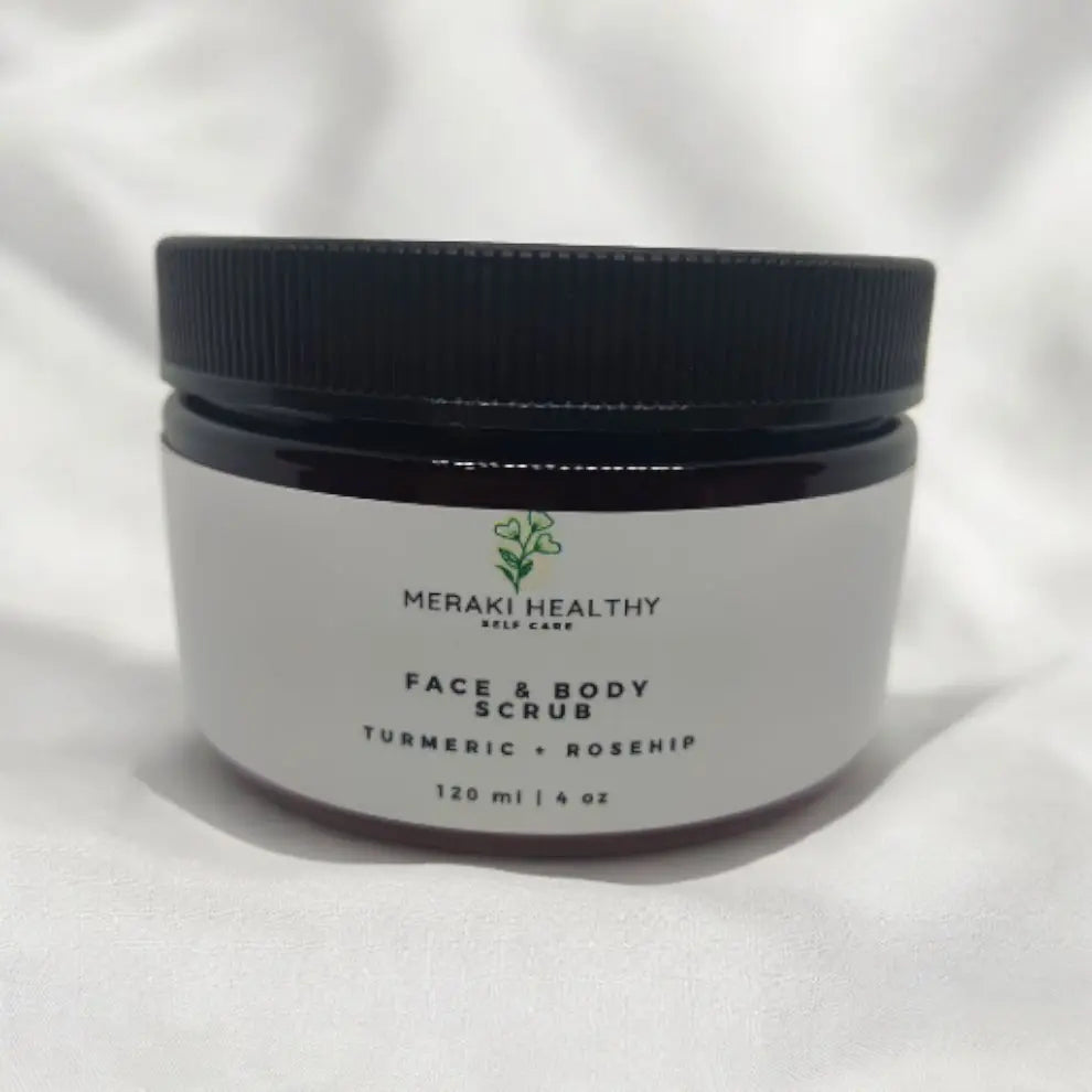 Meraki Healthy Turmeric Sugar Scrub for face and body — a gentle, natural exfoliant infused with turmeric, sugar, and essential oils. Buffs away dry, dull skin, reduces dark spots, and leaves the skin soft, bright, and radiant with a healthy glow after each use