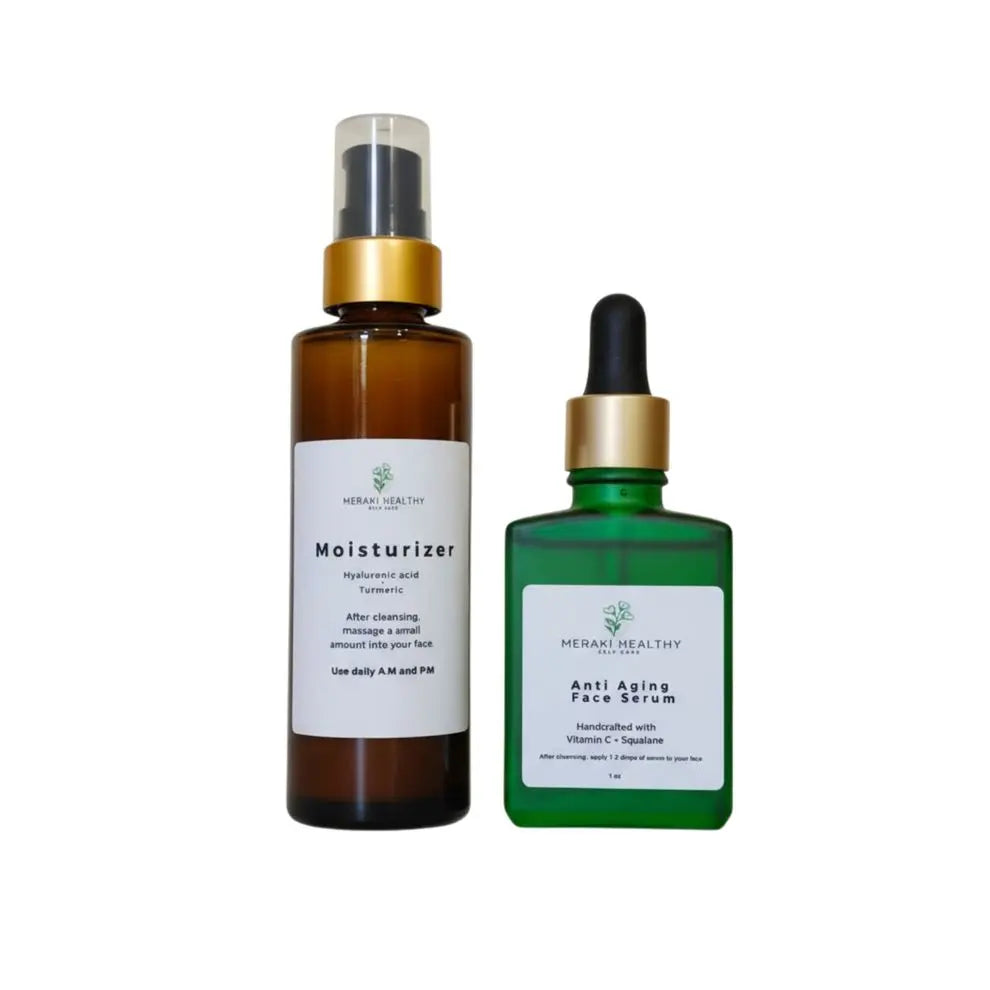 Radiant Revitalizing Duo by Meraki Healthy features the Hyaluronic Acid and Turmeric Moisturizer paired with a nourishing Face Serum for glowing, youthful skin. This natural skincare set hydrates, brightens, and evens out skin tone while reducing fine lines, redness, and dark spots. Perfect for all skin types, the lightweight, vegan formulas absorb quickly to deliver long-lasting moisture and radiance. Hyaluronic Acid locks in hydration, Turmeric soothes irritation and supports a healthy glow, and the antio