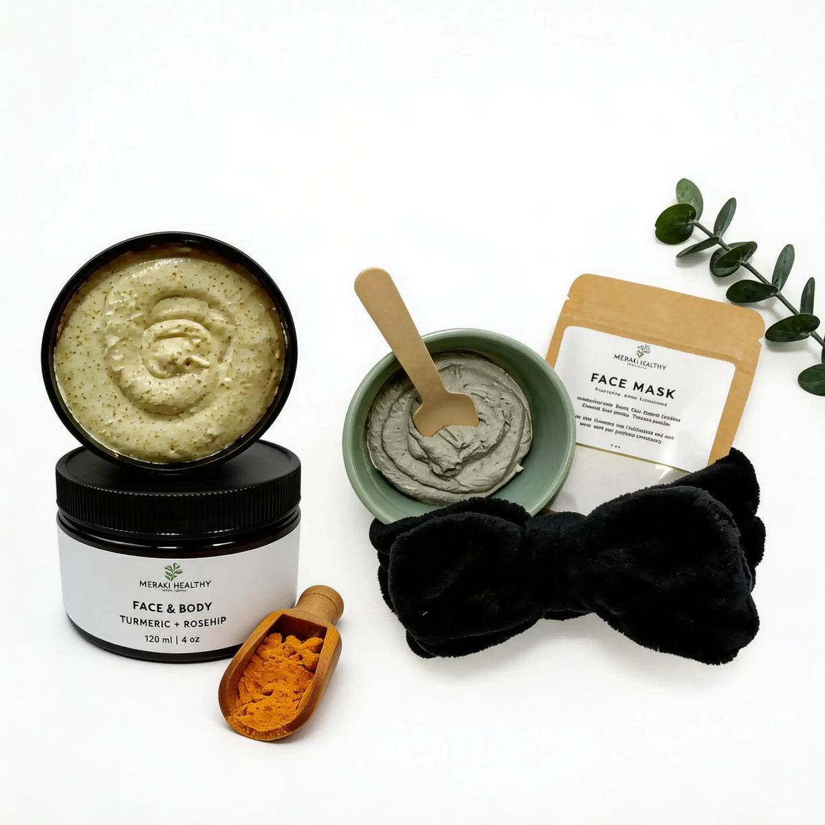 Turmeric skincare duo with exfoliating scrub and clay mask for acne and radiant skin routine