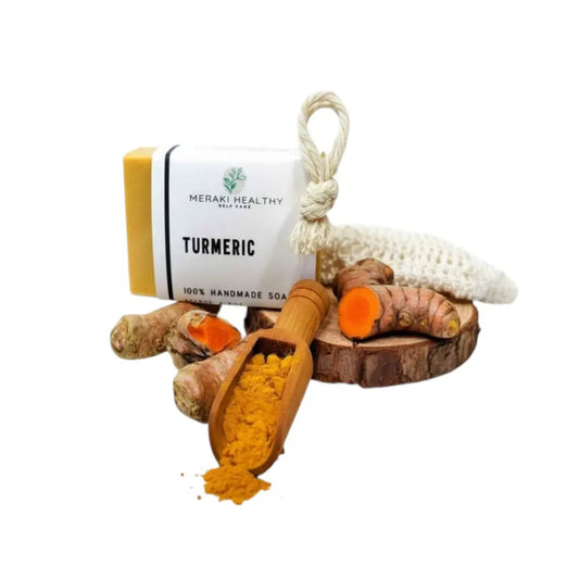 Meraki Healthy Turmeric Soap for glowing skin — a handmade natural soap bar infused with turmeric, coconut oil, and vitamin E. Helps brighten skin tone, reduce blemishes, and leave your skin fresh, smooth, and radiant after every wash